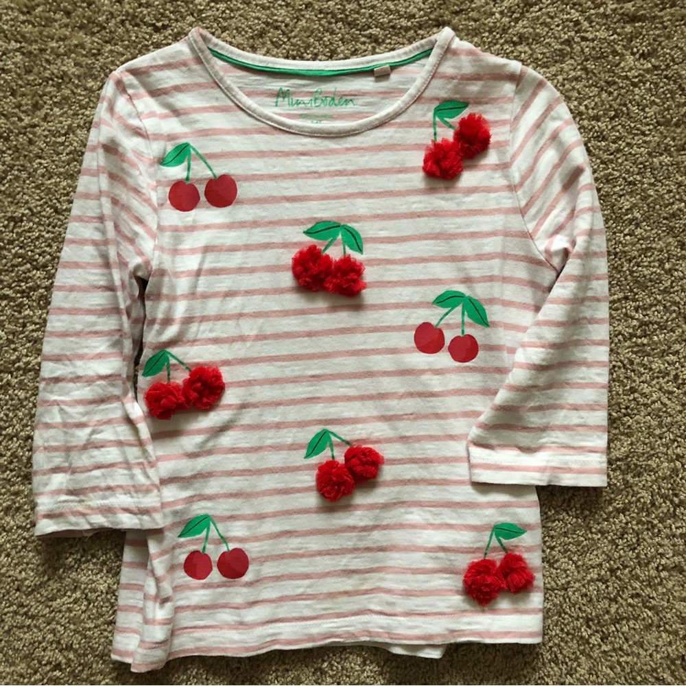 MINI BODEN Girls Cherry Appliqué Top - 5-6Y 3-4 length stripe texture